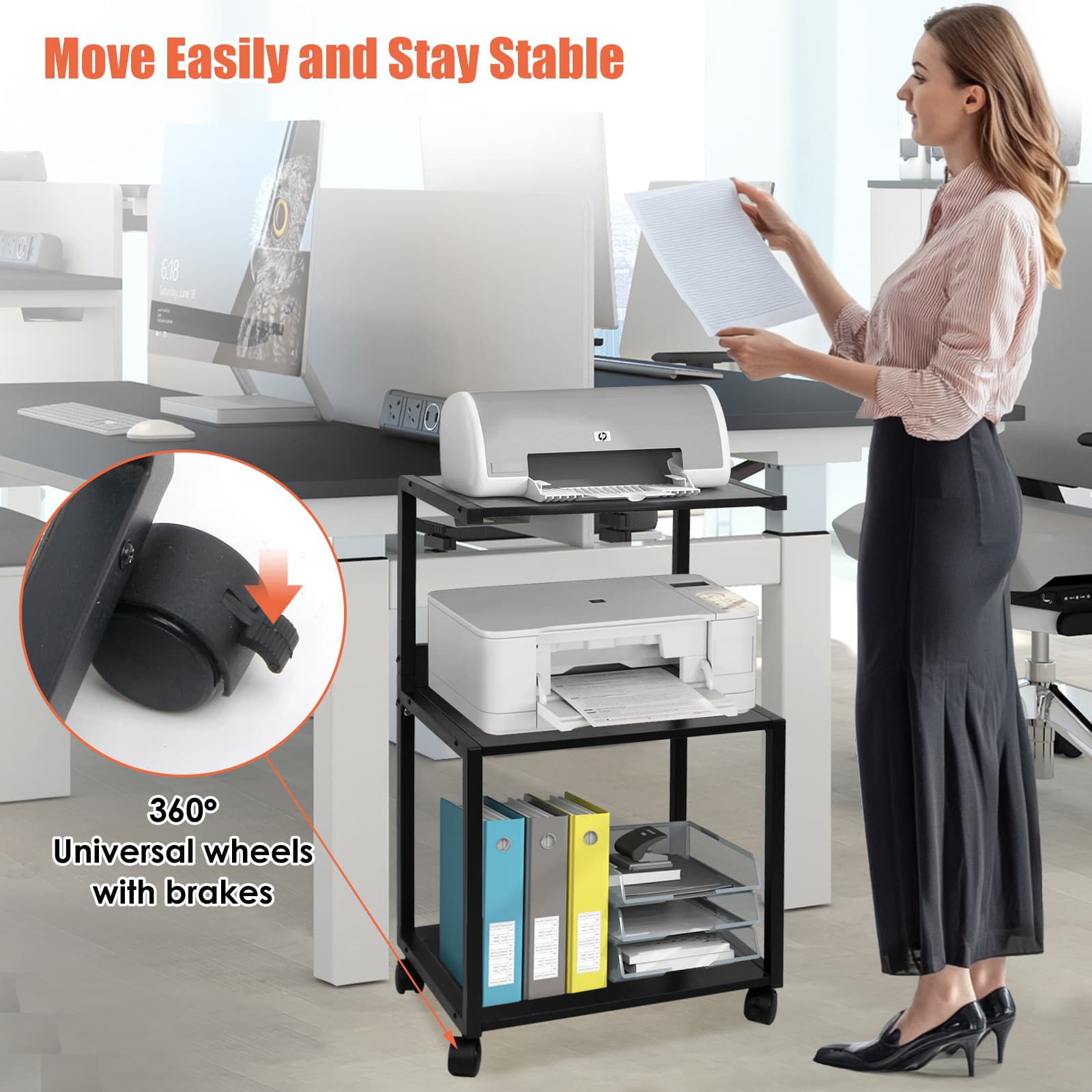 Black Rolling 3-Tier Printer Stand
