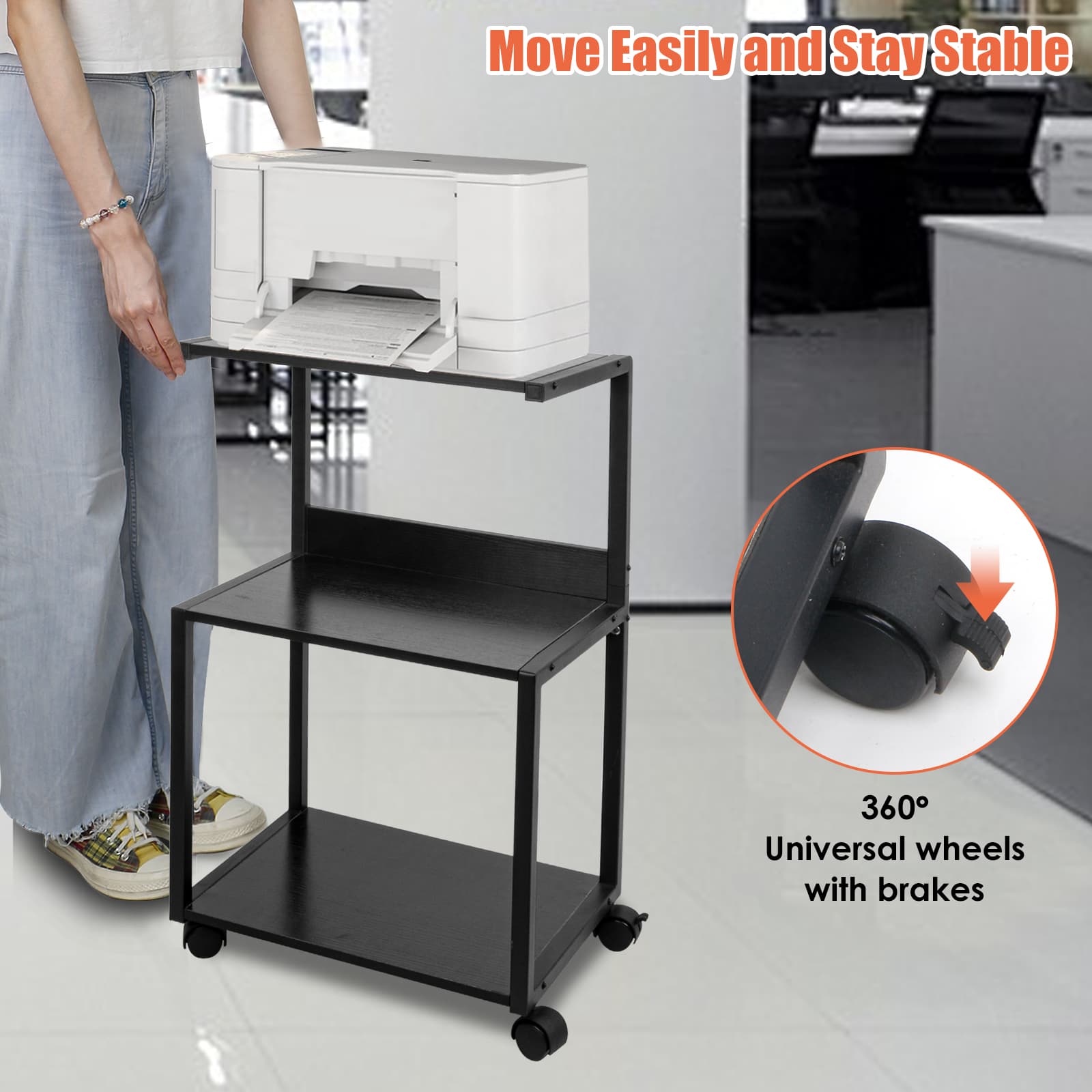 Black Rolling 3-Tier Printer Stand
