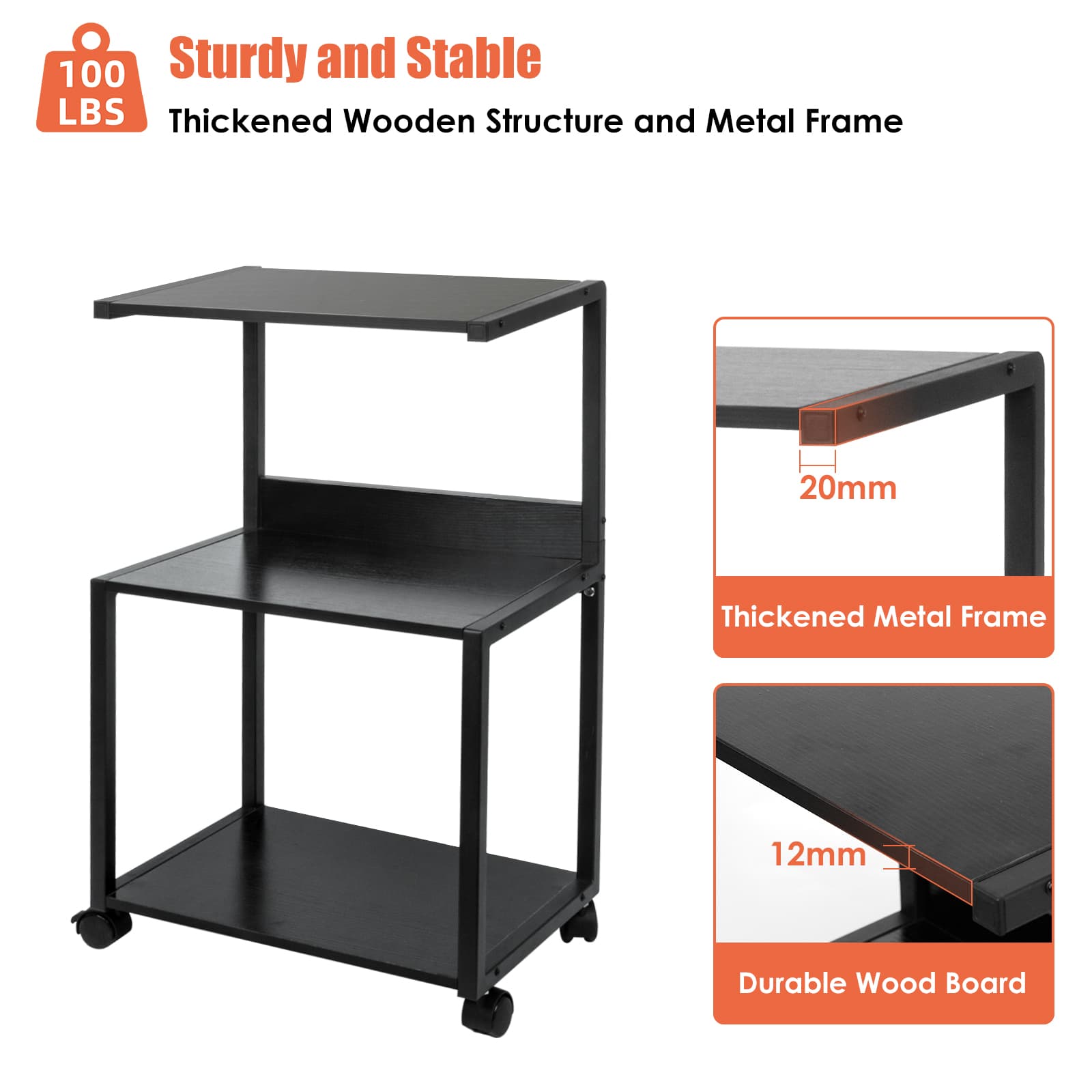 Black Rolling 3-Tier Printer Stand
