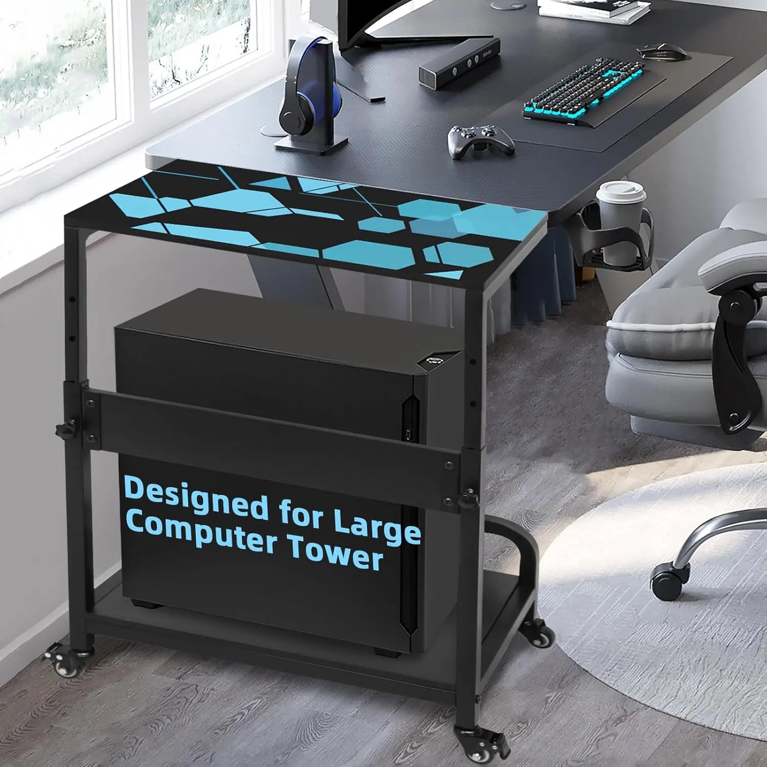 Extra Large Adjustable 2-Tier CPU Stand with Guardrail Locking Casters