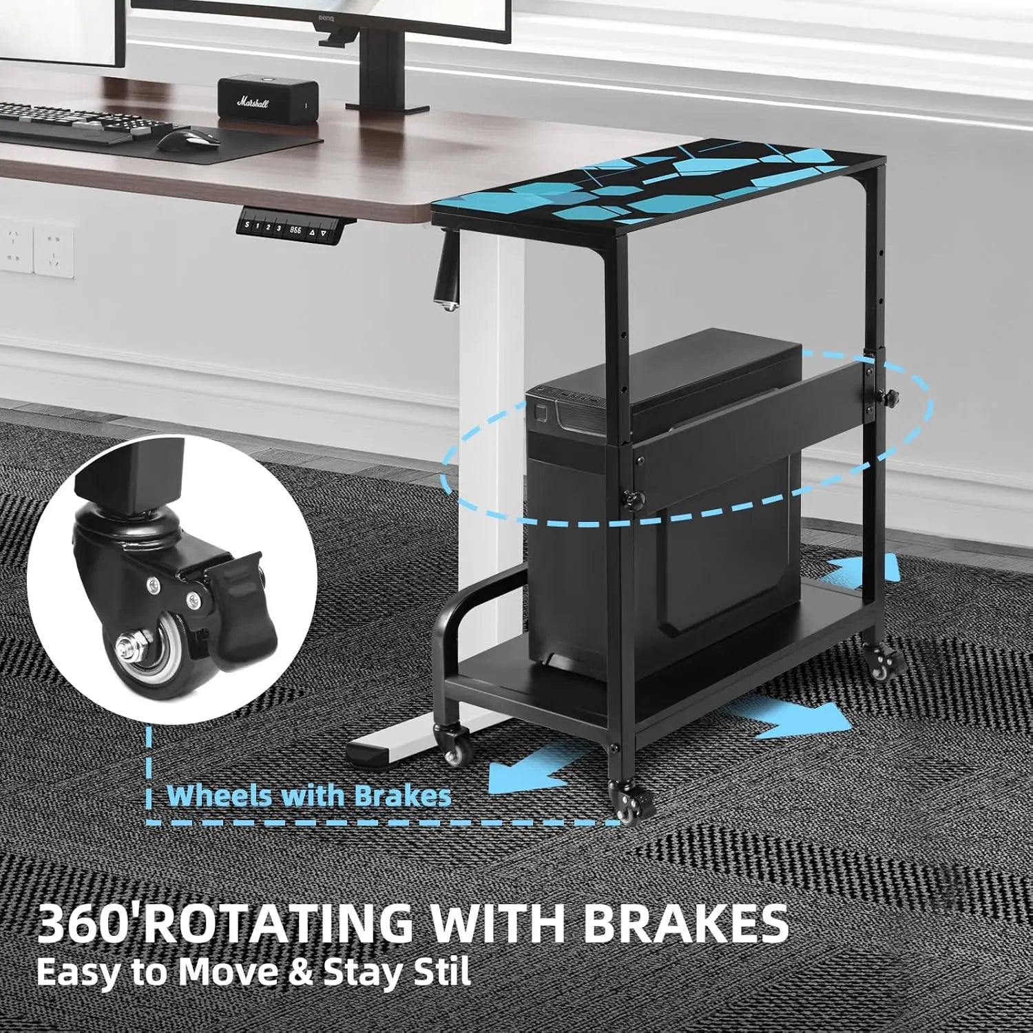 Extra Large Adjustable 2-Tier CPU Stand with Guardrail Locking Casters