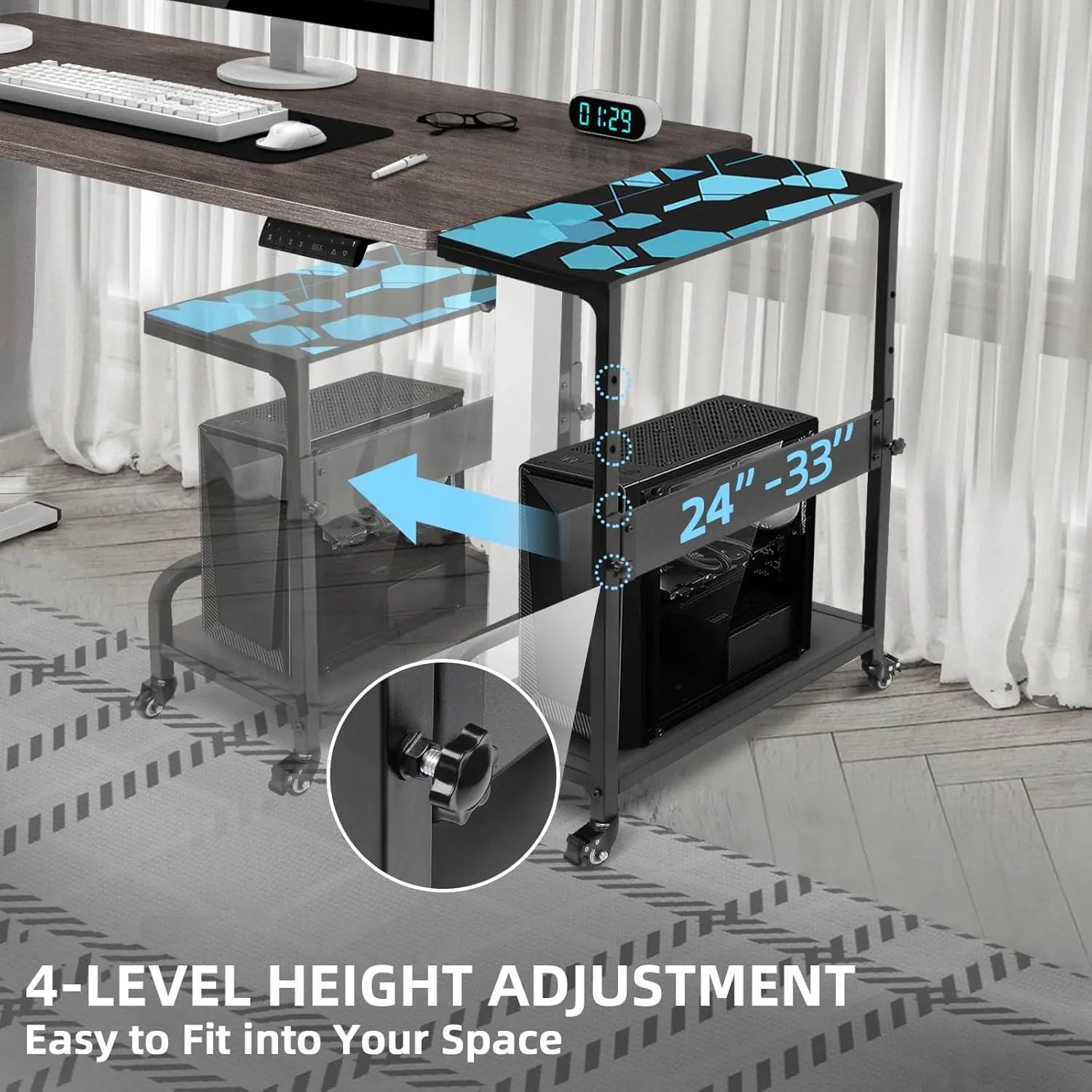 Extra Large Adjustable 2-Tier CPU Stand with Guardrail Locking Casters