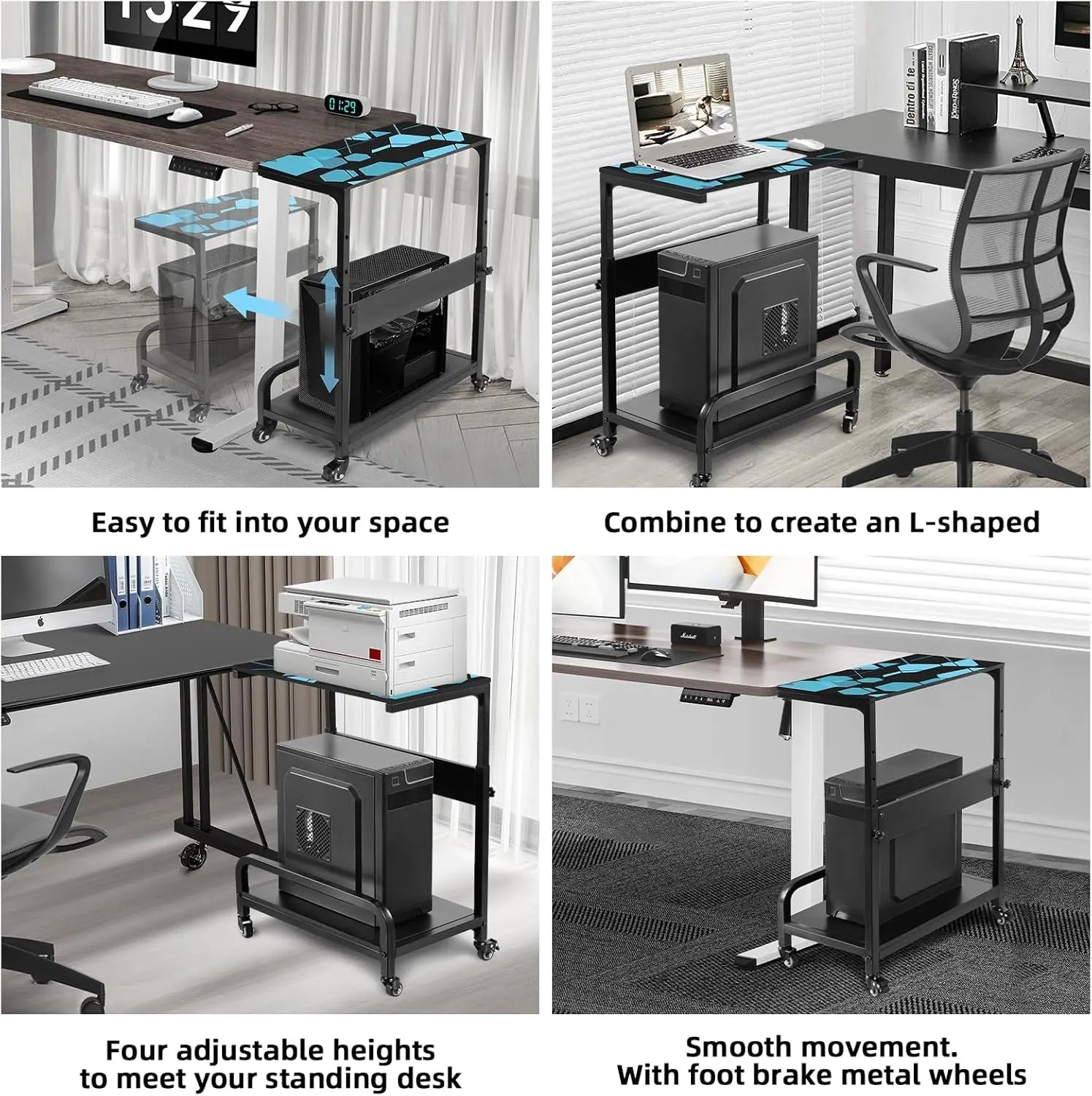 Extra Large Adjustable 2-Tier CPU Stand with Guardrail Locking Casters