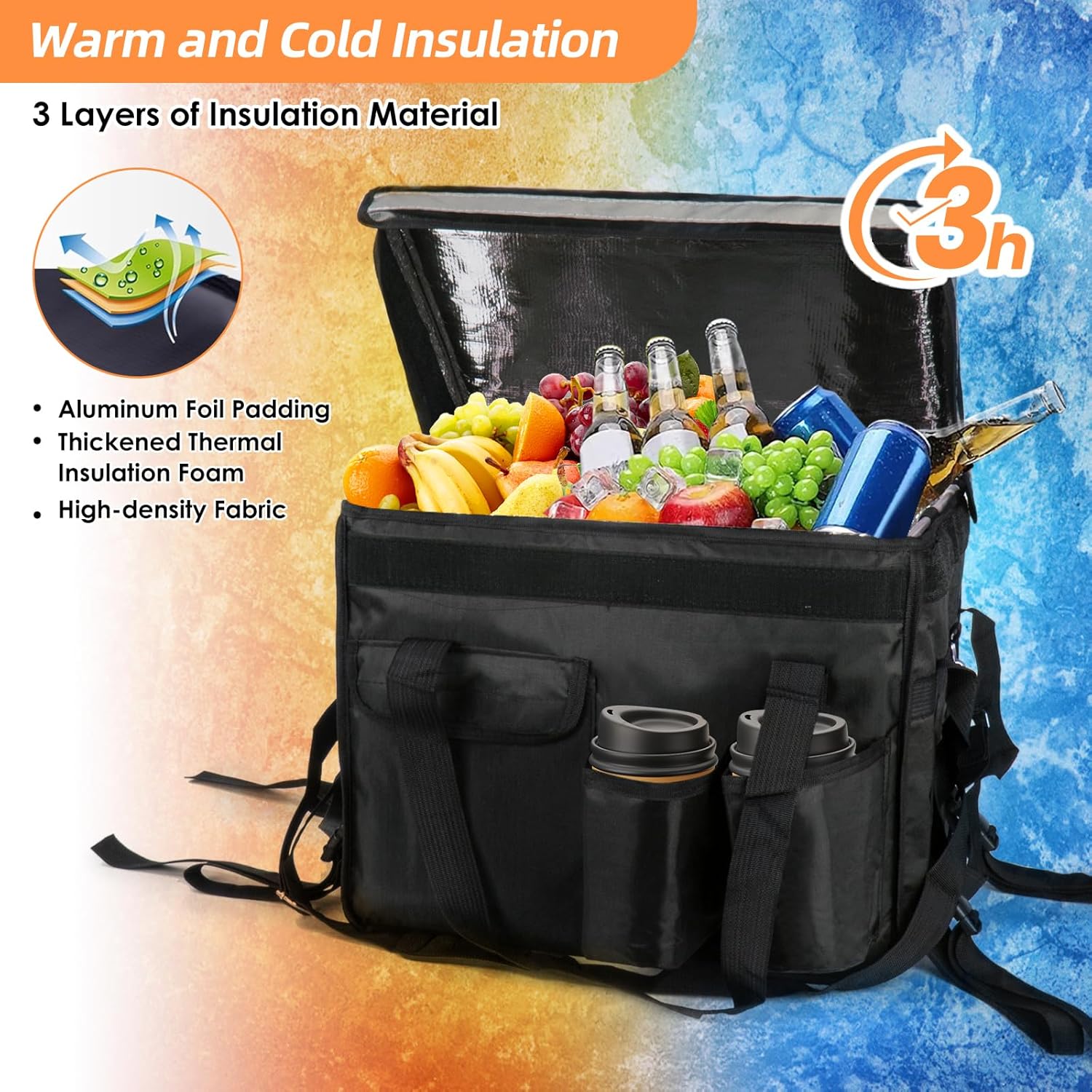Insulated Bags for Food Delivery with Cup Holder 17.3" x 13.5" x 12.5", Waterproof Commercial Insulated Food Delivery Bag Drink Carriers