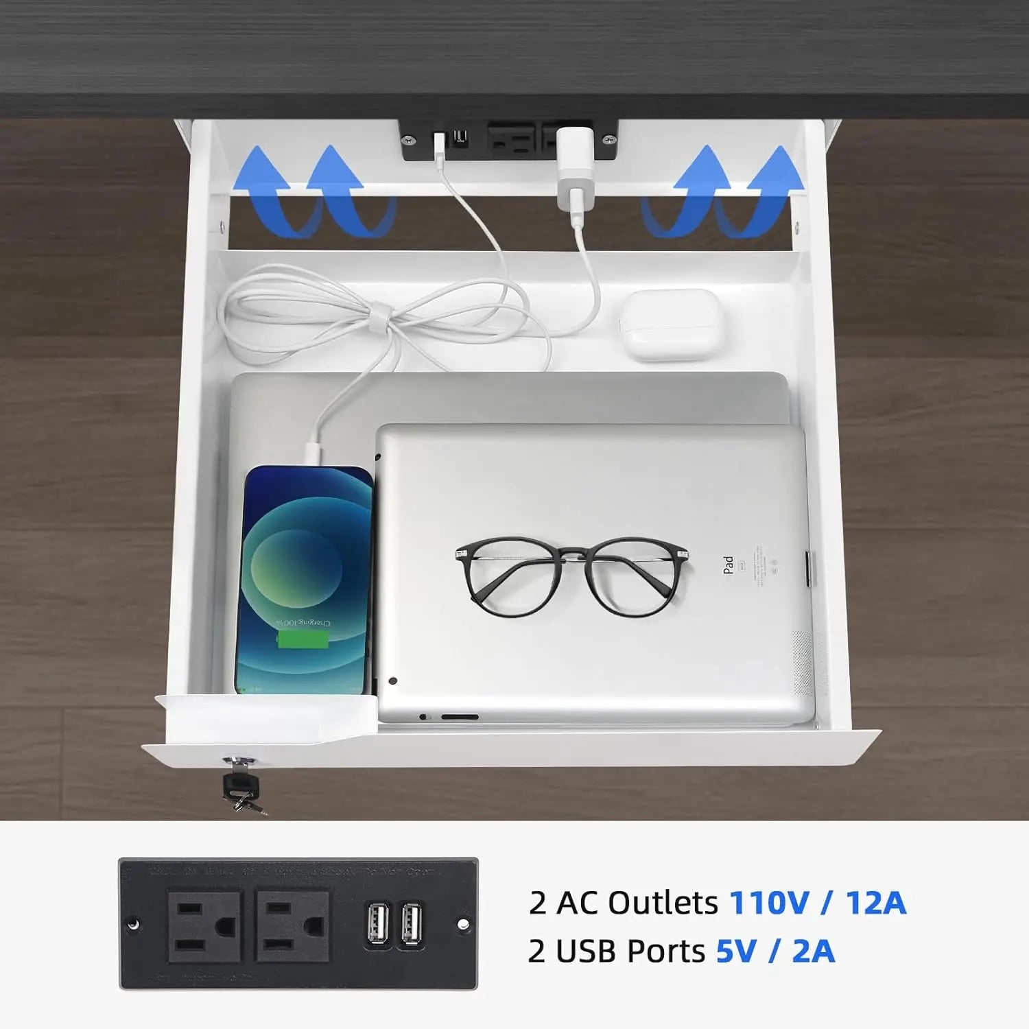 Multi-Function Under Desk Lockable Drawer with Charging Station