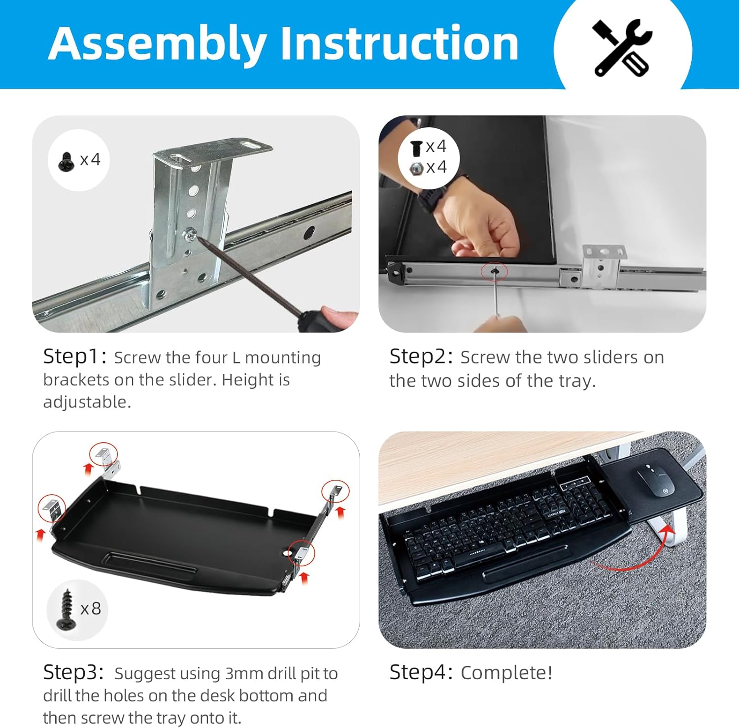 Under Desk Metal Keyboard Tray with Mouse Platform