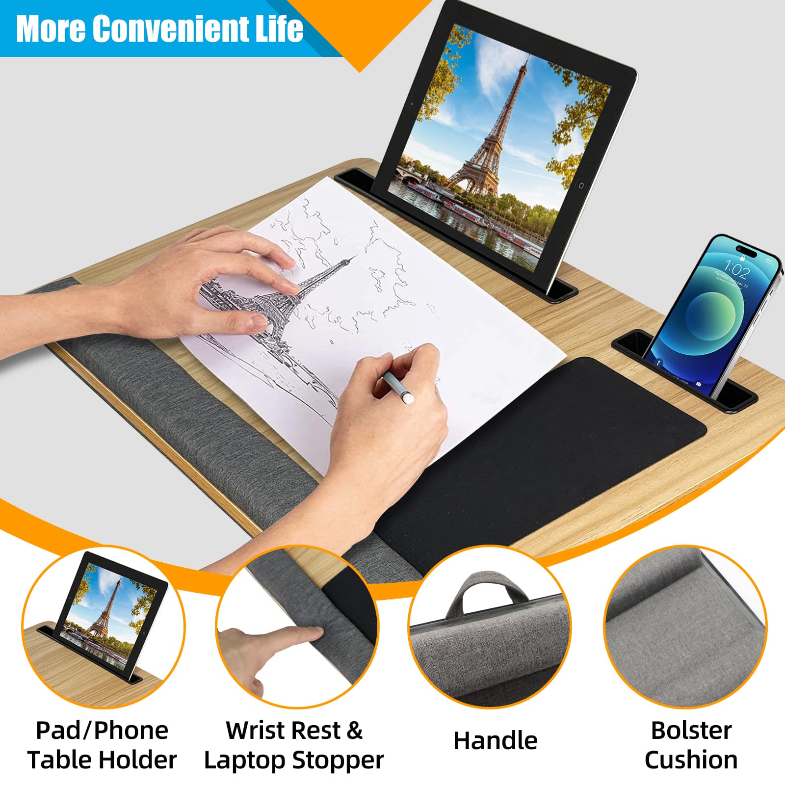 Versatile Portable Wooden Laptop Tray with Cushion